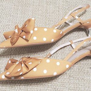 Zara Camel Polka Dot Fabric Slingback Kitten Heel
